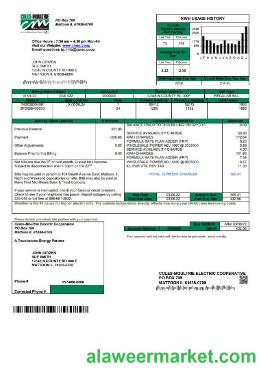 USA Coles - Moultrie utility bill template in Word and PDF format